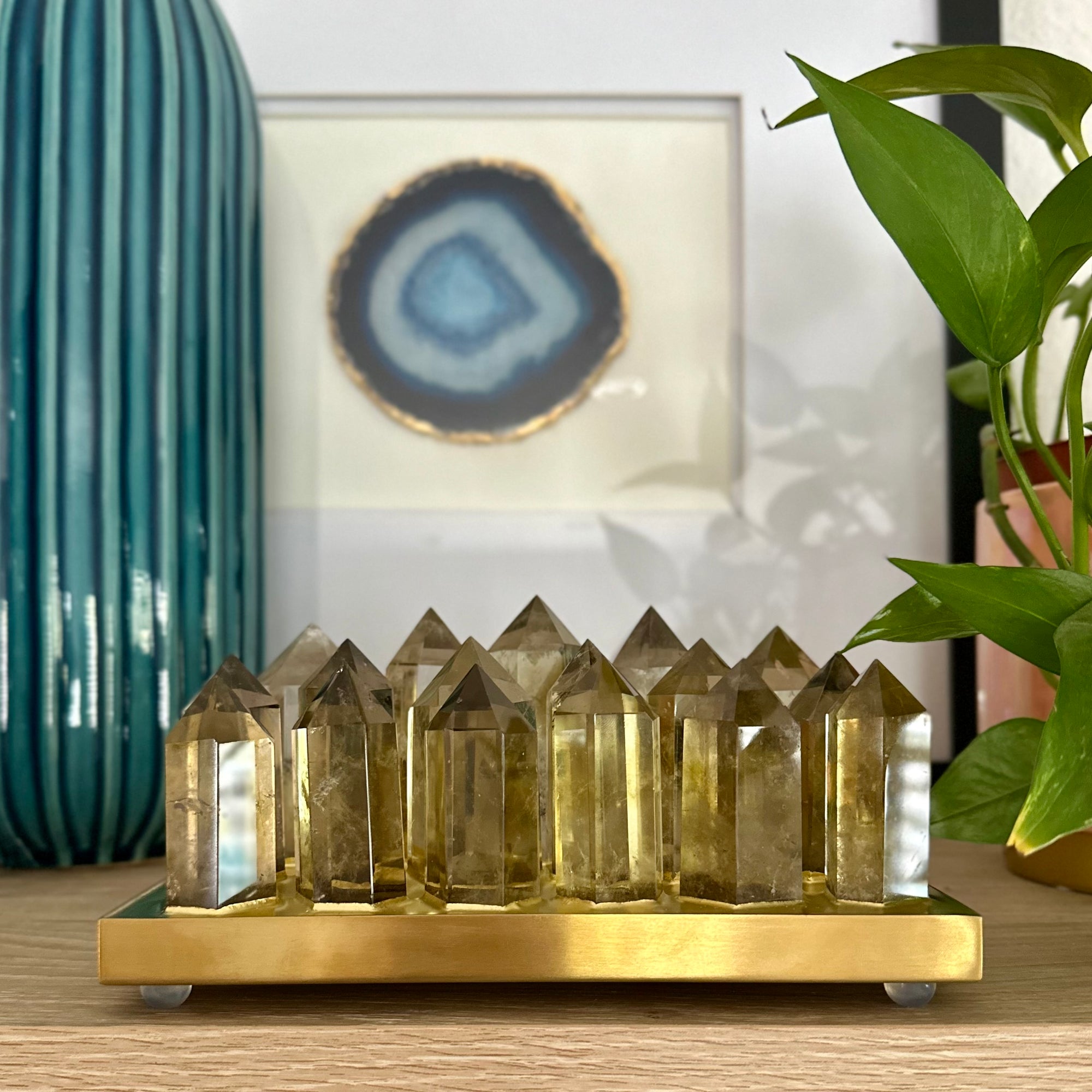 Citrine Crystal Tower Lamp – Handcrafted Gemstone Light with Brushed Brass Base