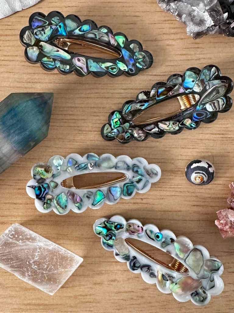 Resin & Abalone Shell Barrettes – Scalloped Teardrop Hair Clips