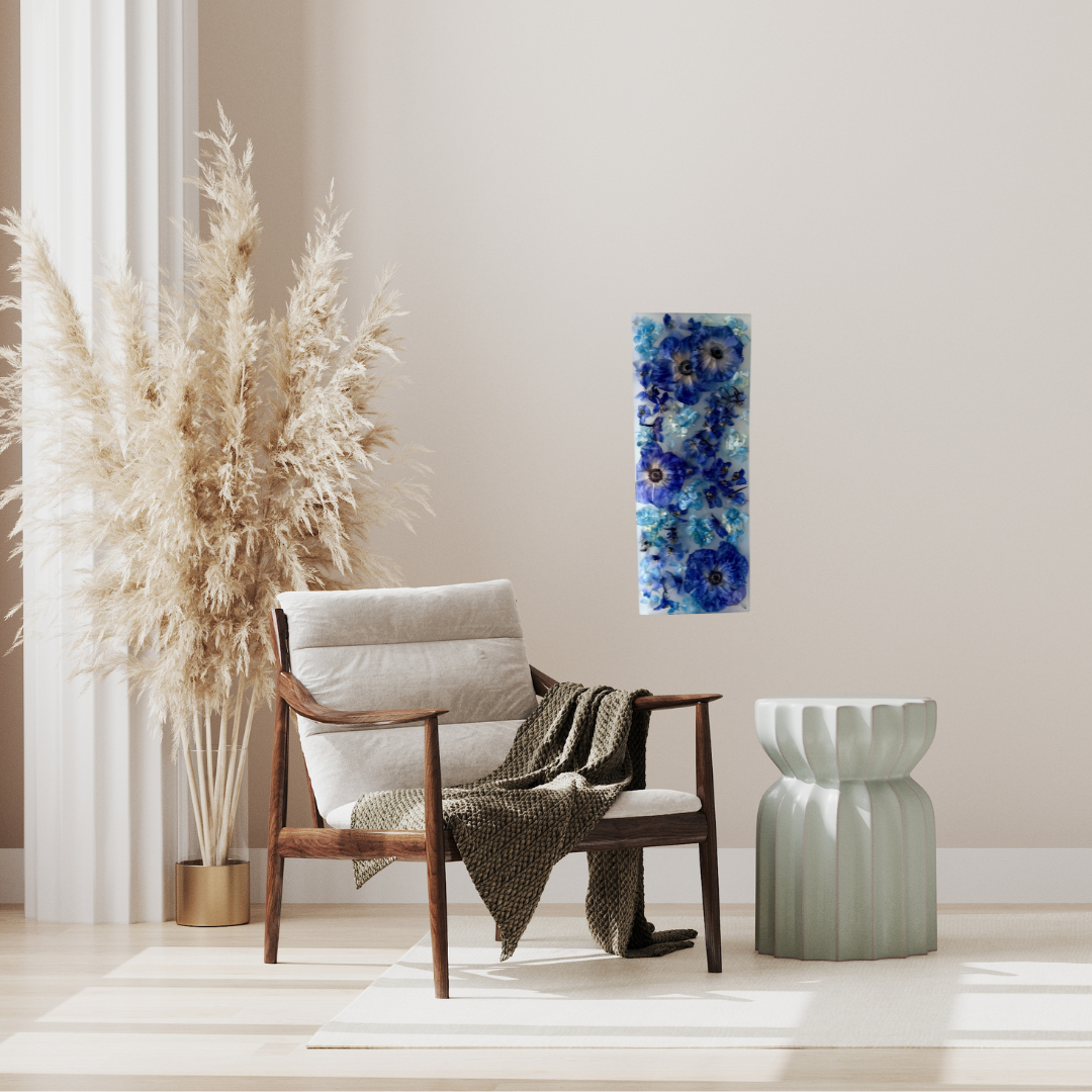 The Azure Veil - Resin Wall Art – Vertical Botanical Panel with Real Dried Flowers