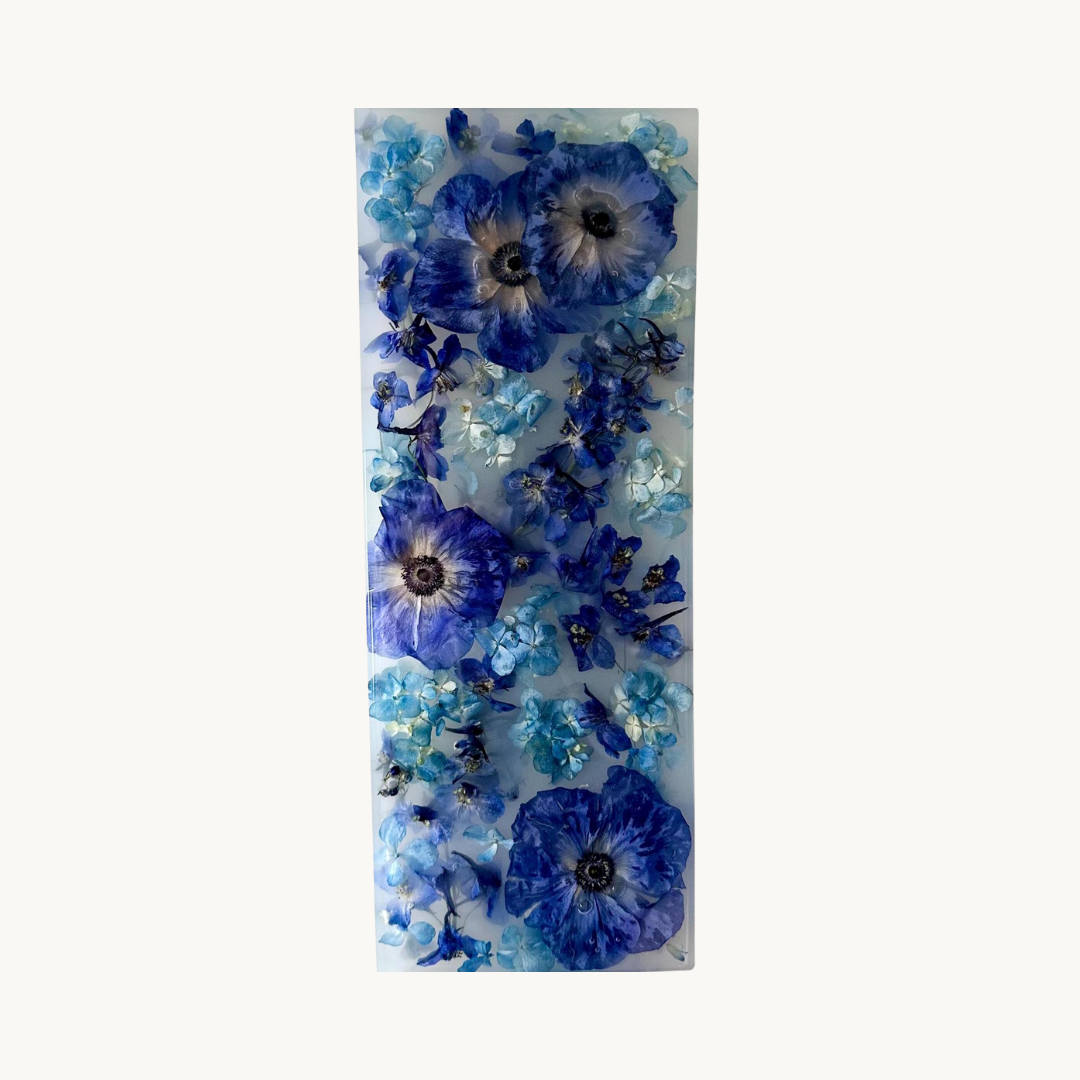 The Azure Veil - Resin Wall Art – Vertical Botanical Panel with Real Dried Flowers