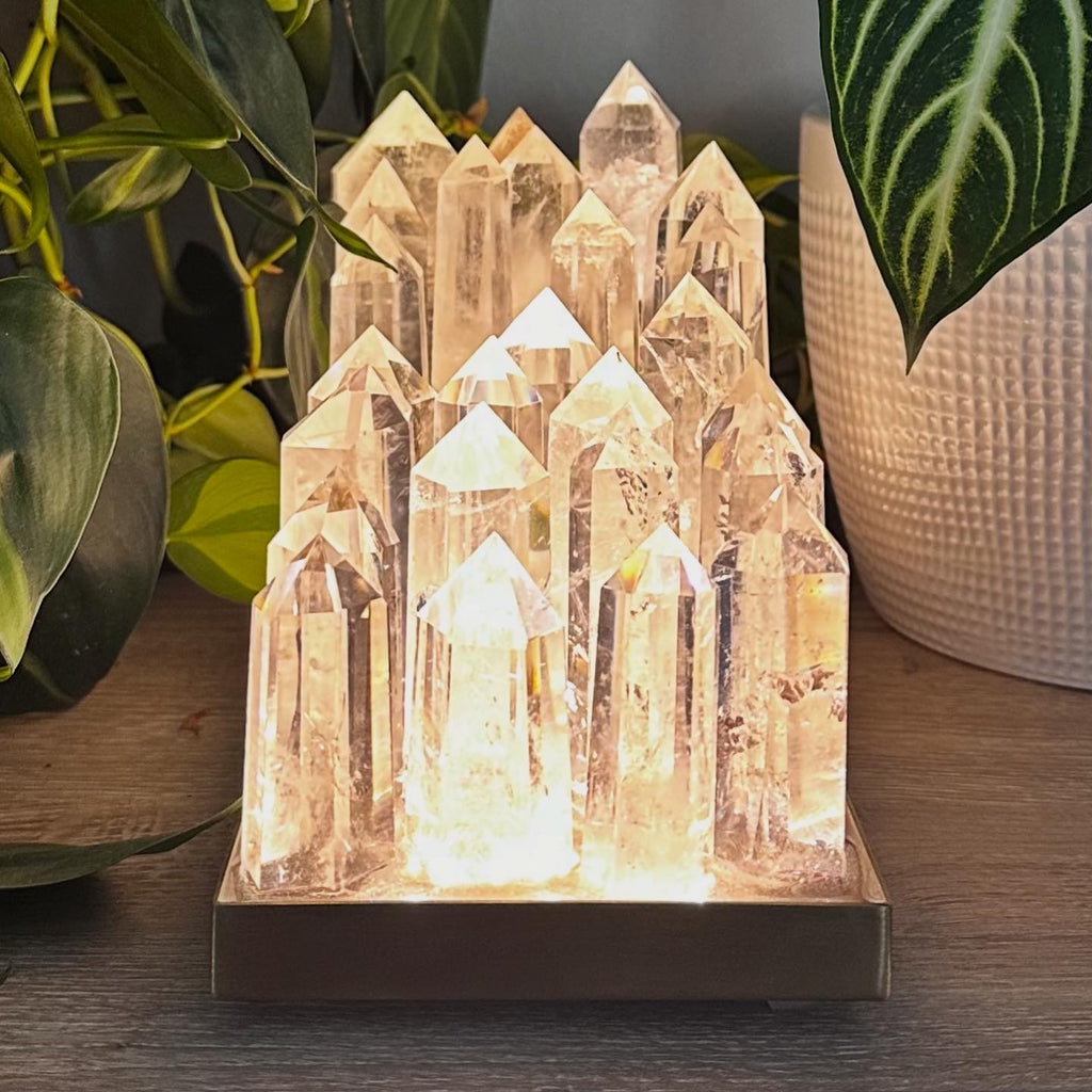Clear Quartz Crystal Lamp – Natural Healing Crystal Points on Brushed Brass Base