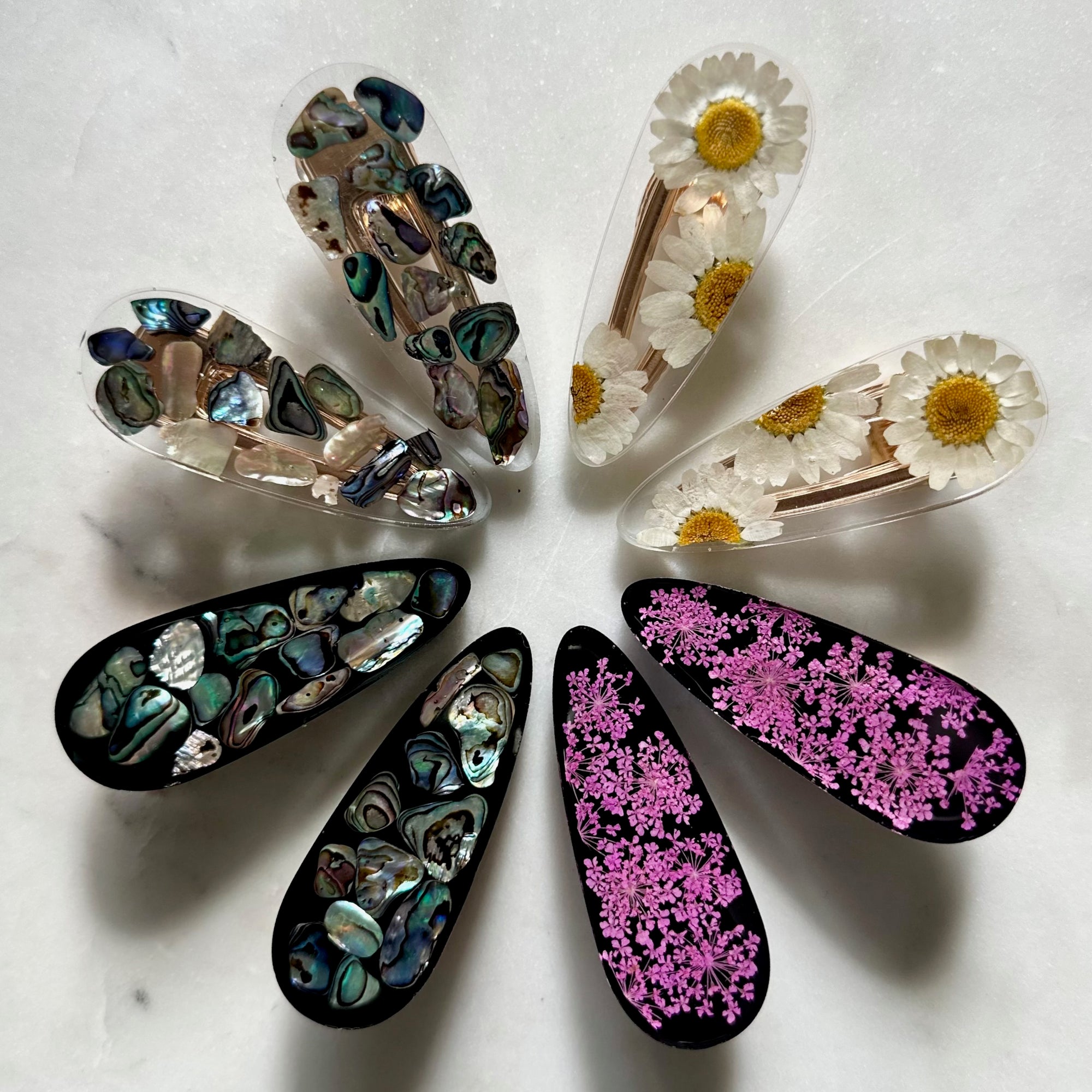 Resin Teardrop Hair Barrettes – Handcrafted with Real Flowers & Shells