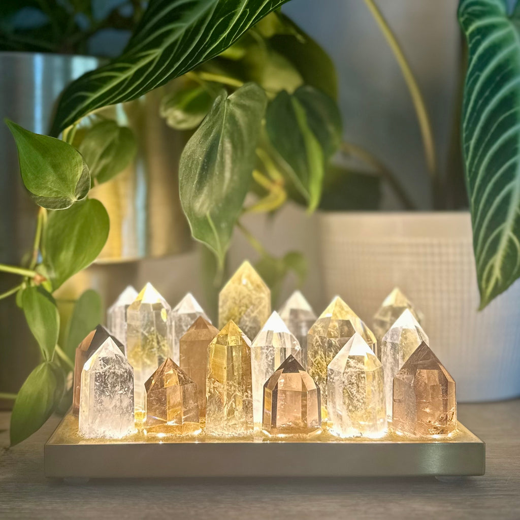 Quartz, Citrine & Smoky Quartz Crystal Lamp – Mixed Crystal Cluster on Brass Base