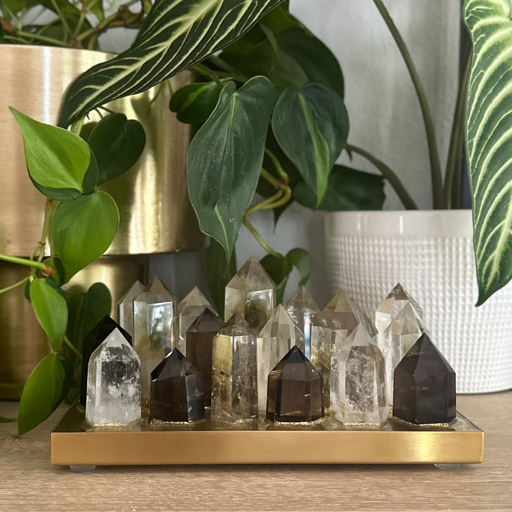 Quartz, Citrine & Smoky Quartz Crystal Lamp – Mixed Crystal Cluster on Brass Base