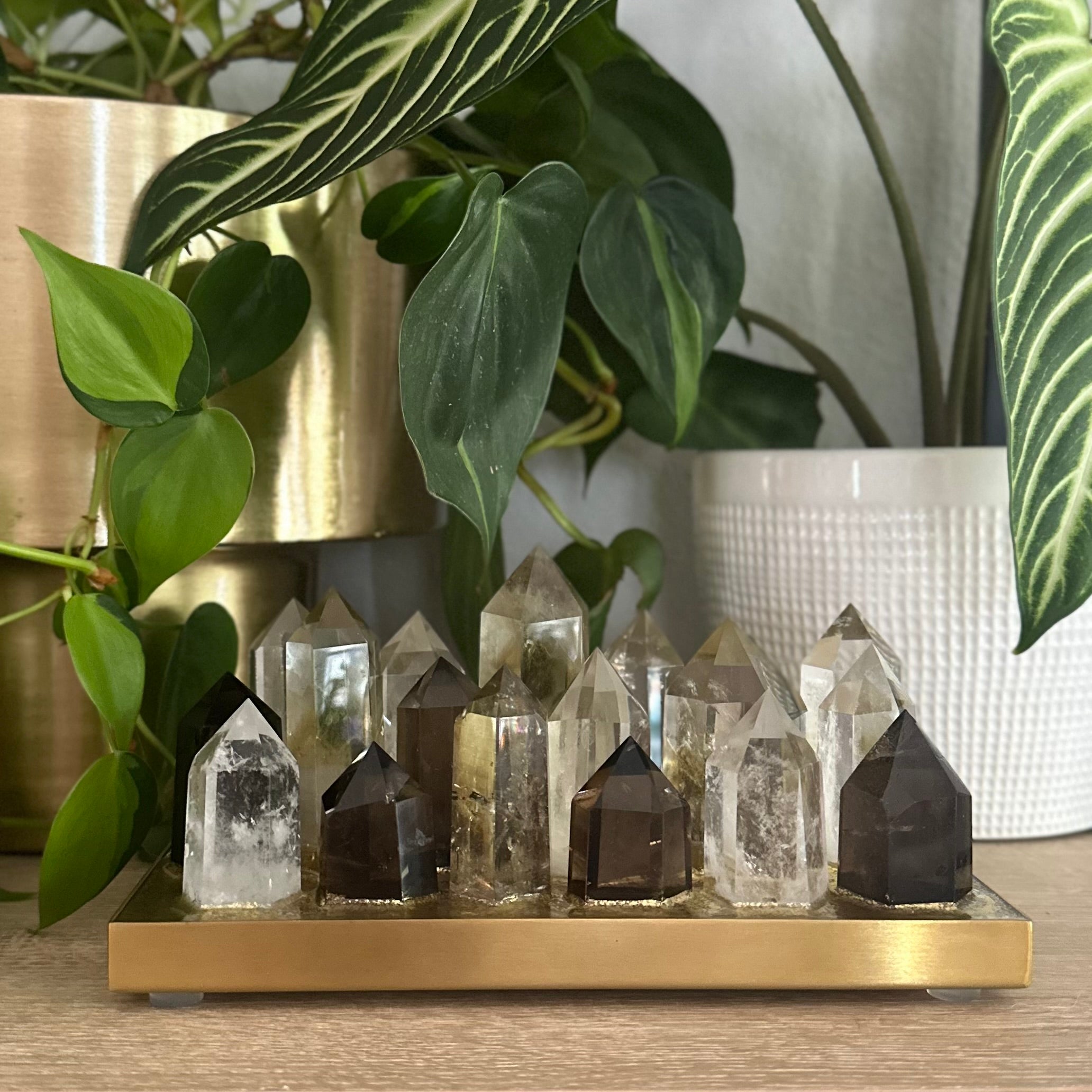 Quartz, Citrine & Smoky Quartz Crystal Lamp – Mixed Crystal Cluster on Brass Base