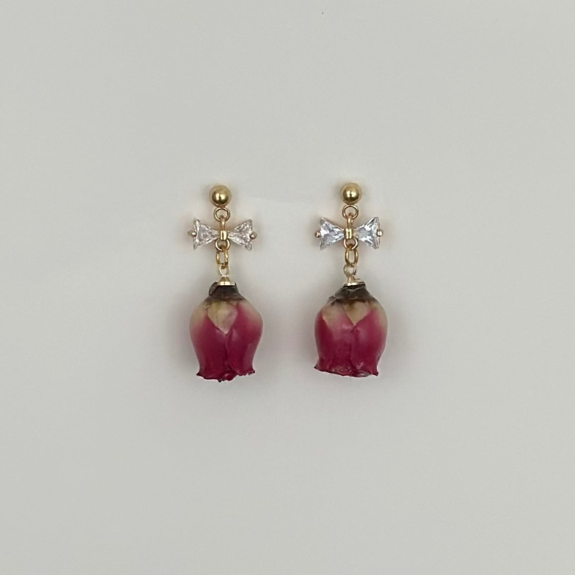 Real Rosebud Earrings with Cubic Zirconia Bows