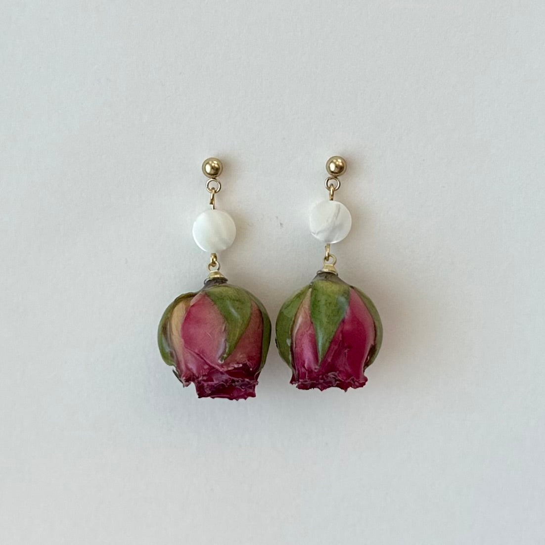 Dried Rosebud Earrings with Coin Mother of Pearl Accent
