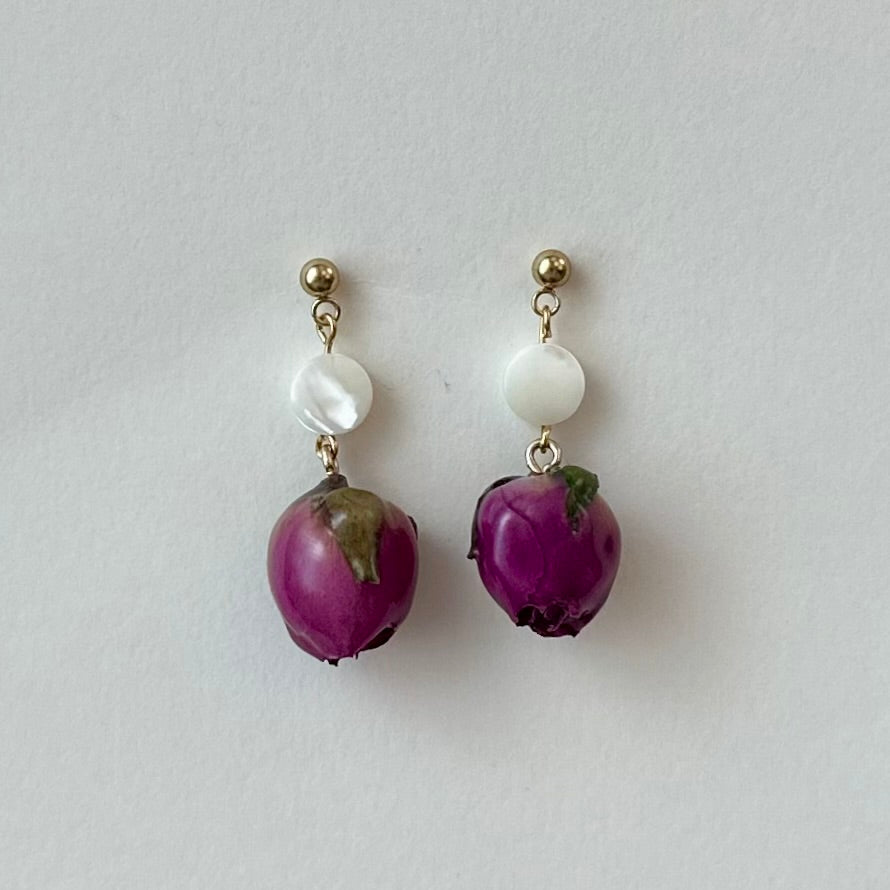 Dried Rosebud Earrings with Coin Mother of Pearl Accent