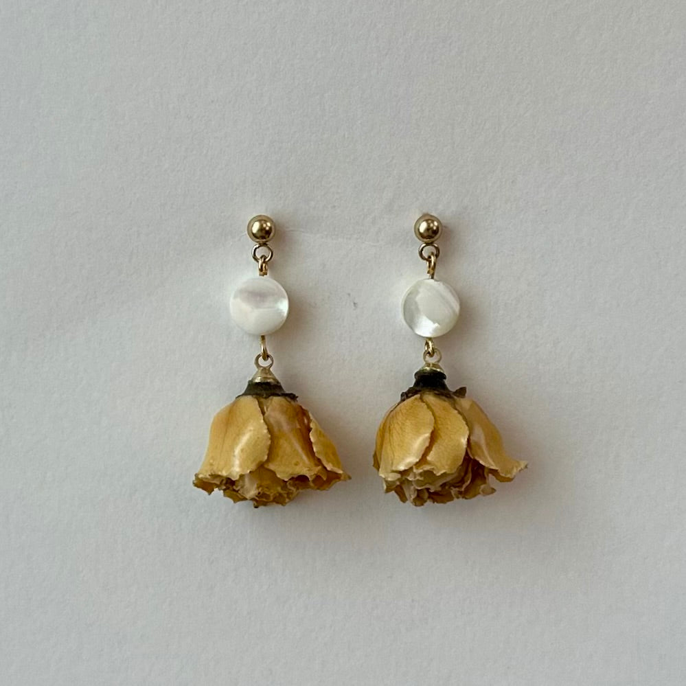 Dried Rosebud Earrings with Coin Mother of Pearl Accent