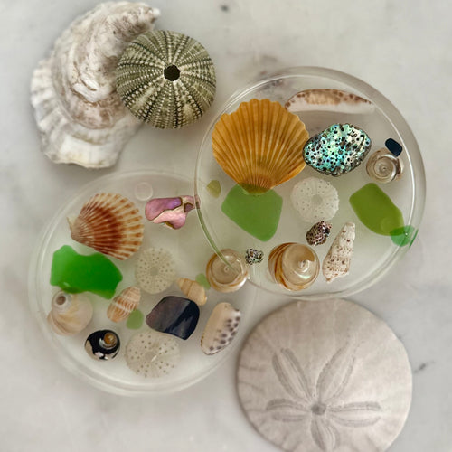 handmade coastal resin coasters with real seashells