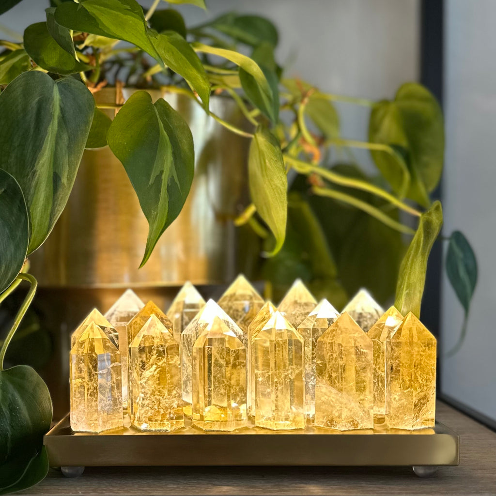 Citrine Crystal Tower Lamp – Handcrafted Gemstone Light with Brushed Brass Base
