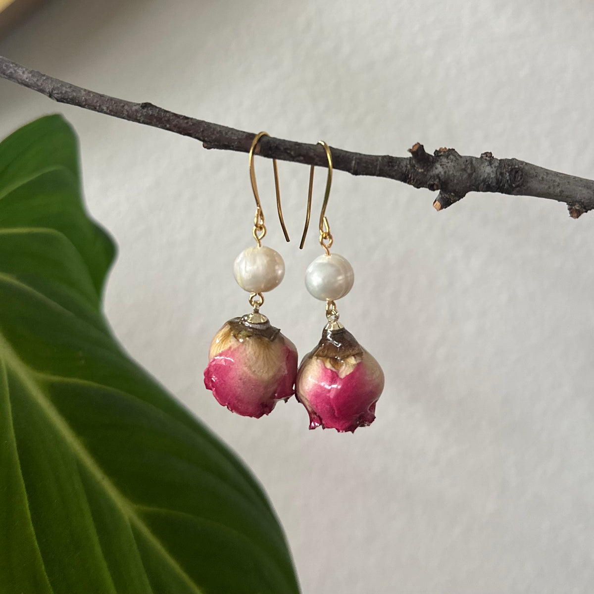 Dried Rosebud Earrings with Freshwater Pearl Accent