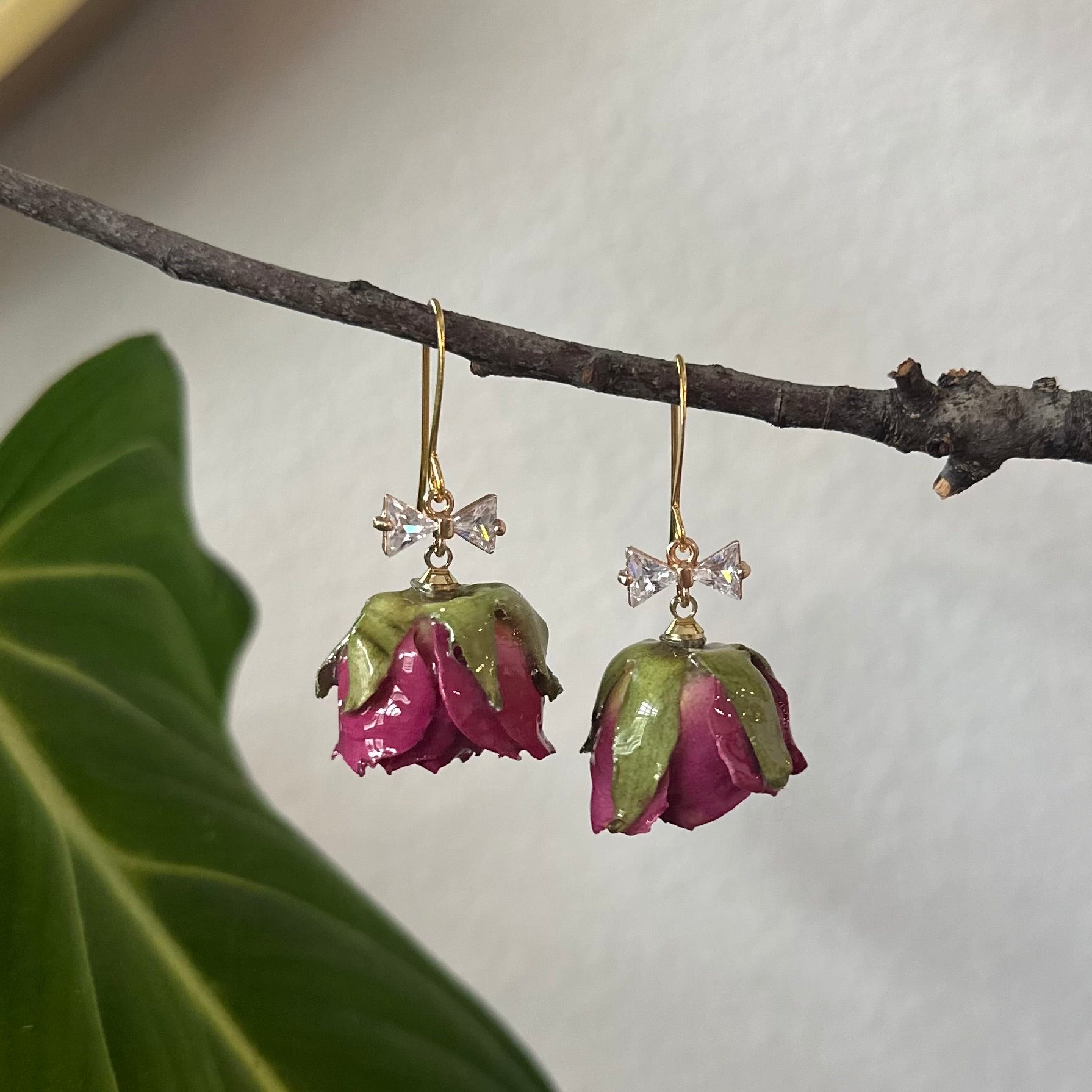 Real Rosebud Earrings with Cubic Zirconia Bows