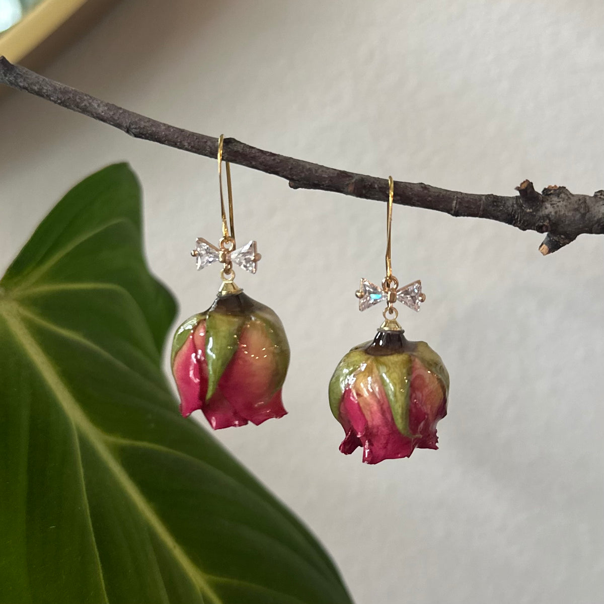 Real Rosebud Earrings with Cubic Zirconia Bows