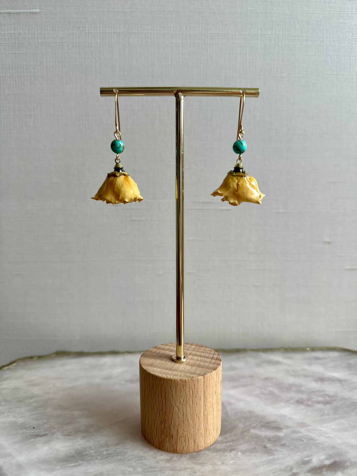 Yellow Rose of Texas – Real Rose Earrings with Turquoise