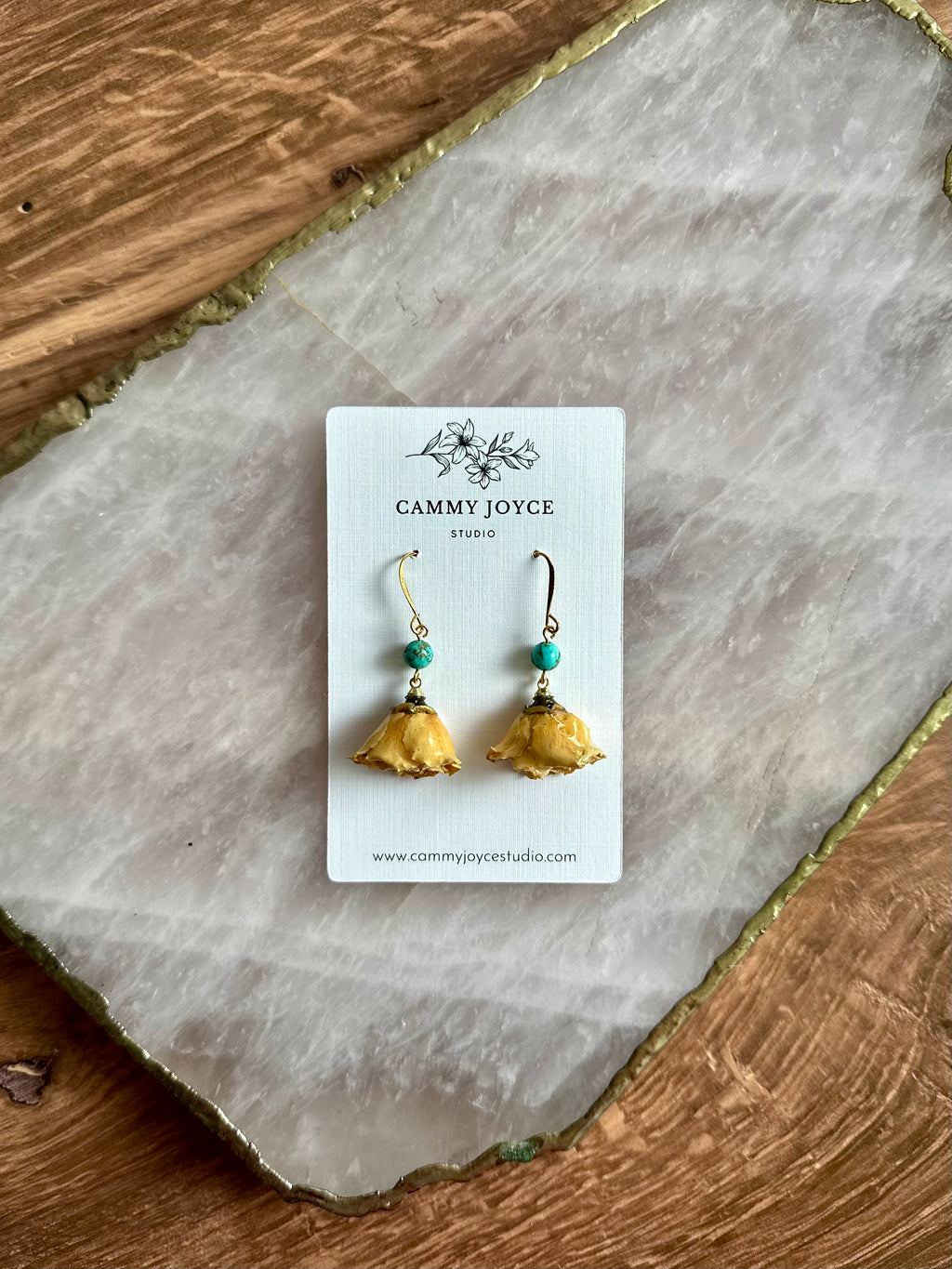 Yellow Rose of Texas – Real Rose Earrings with Turquoise