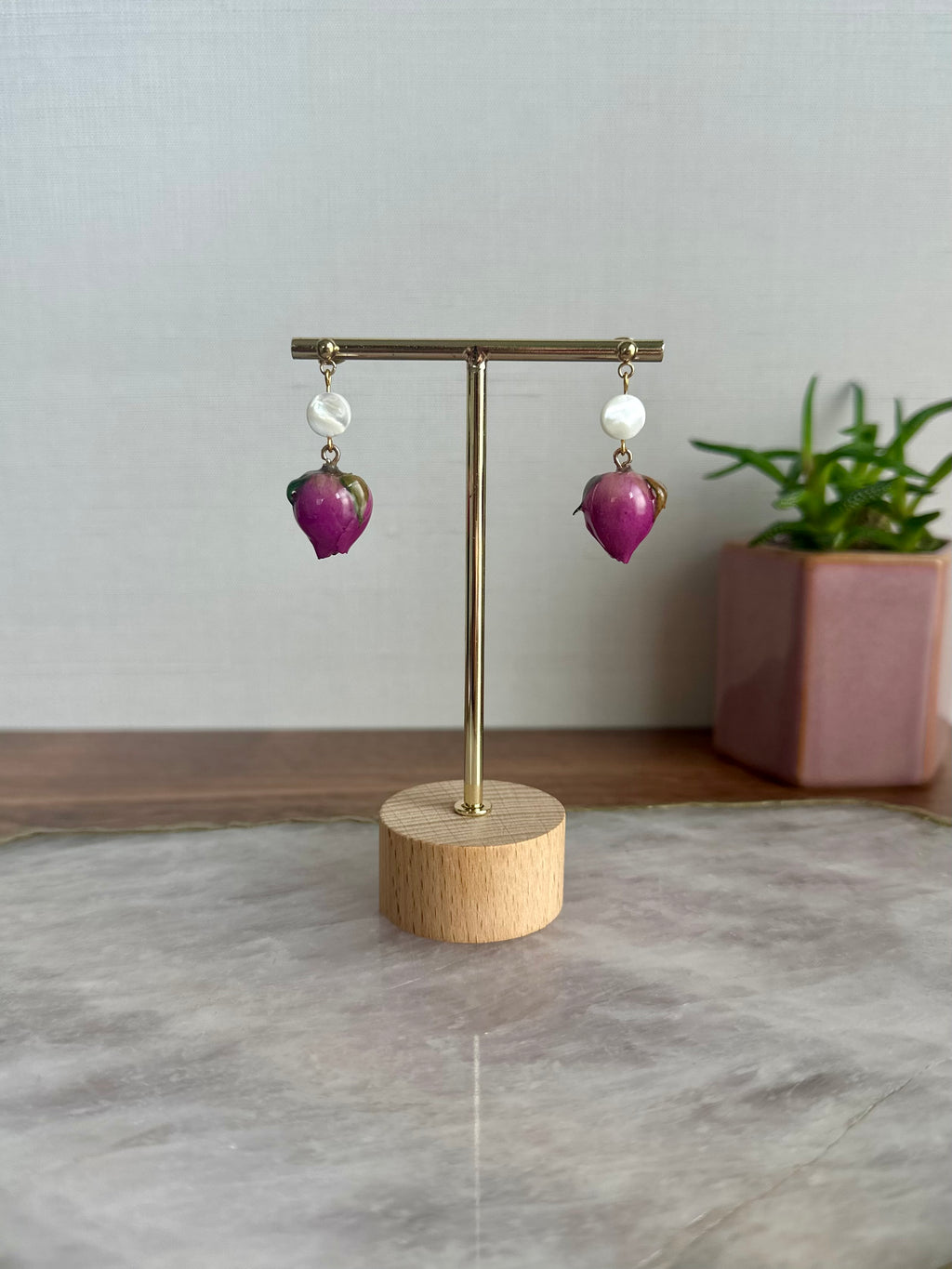 Dried Rosebud Earrings with Coin Mother of Pearl Accent