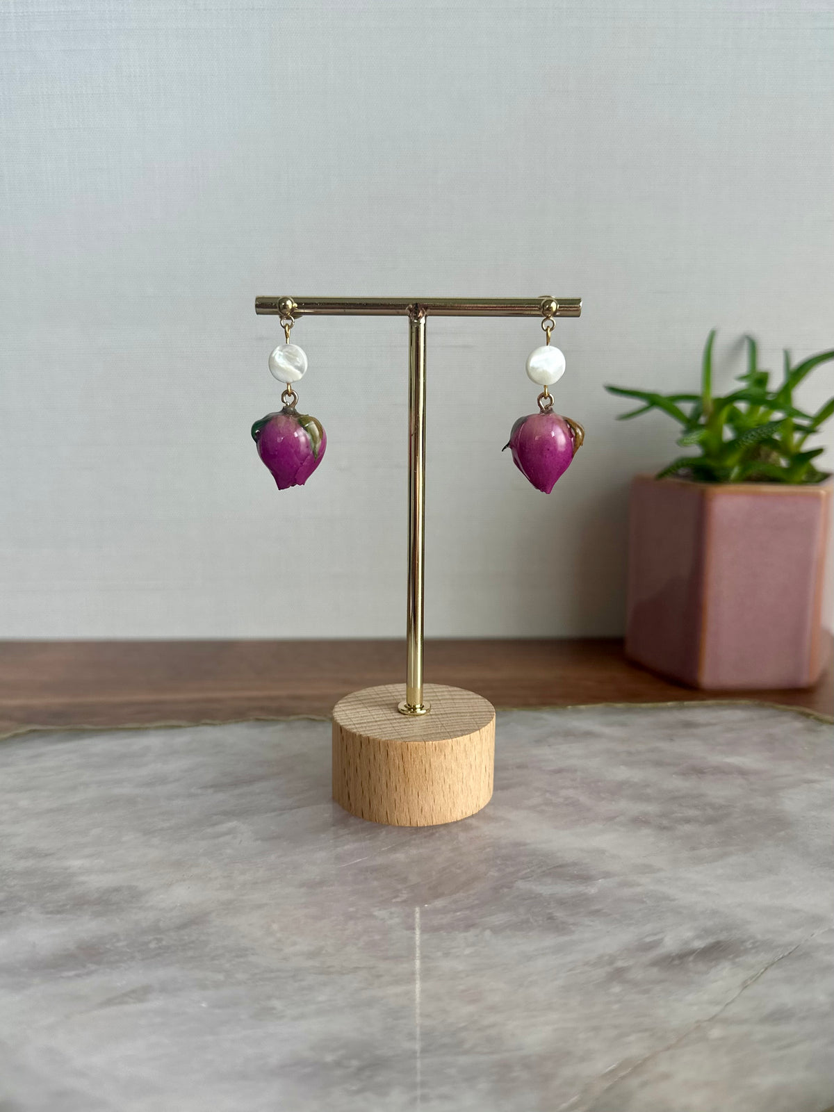 Dried Rosebud Earrings with Coin Mother of Pearl Accent