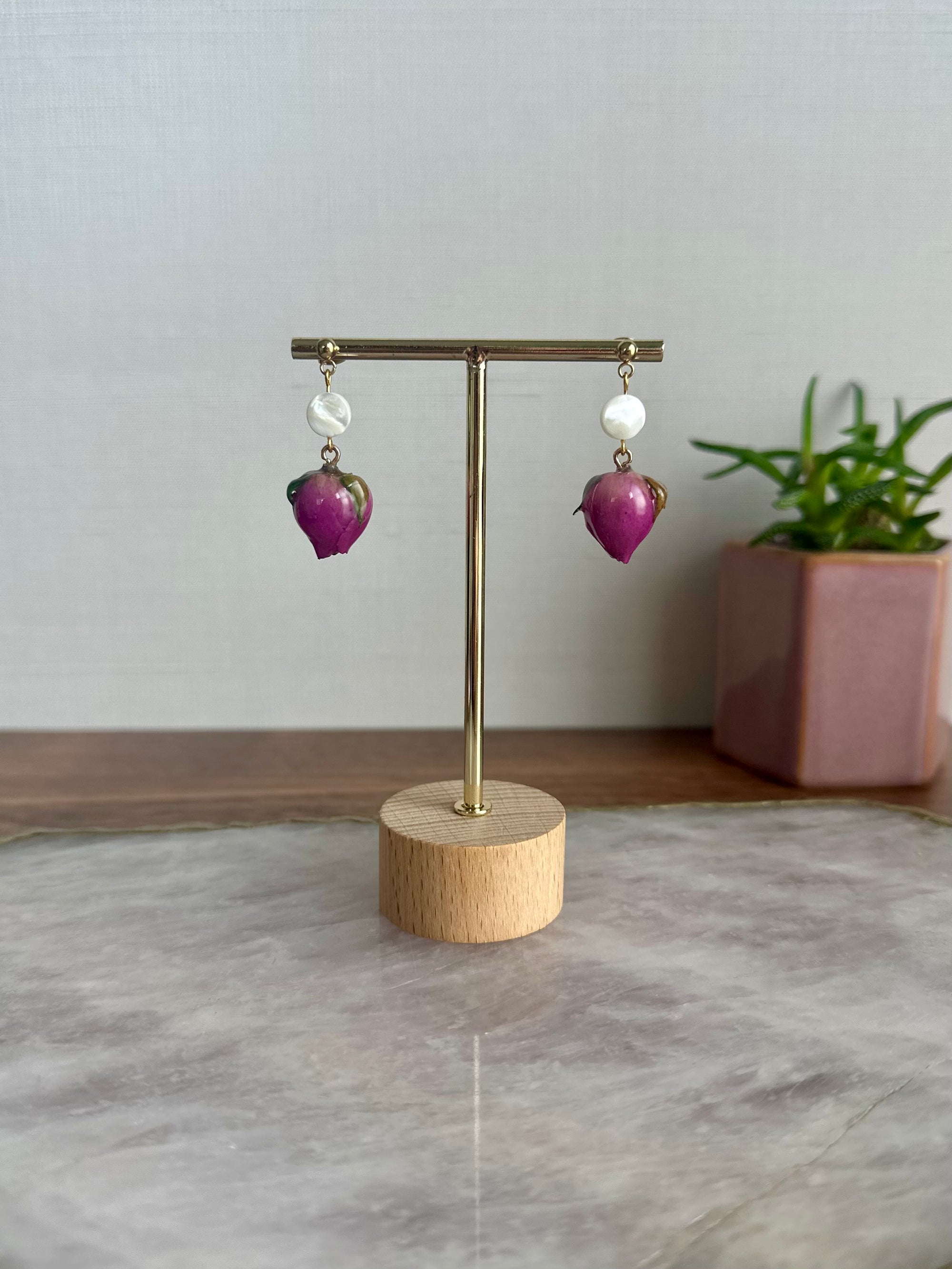 Dried Rosebud Earrings with Coin Mother of Pearl Accent