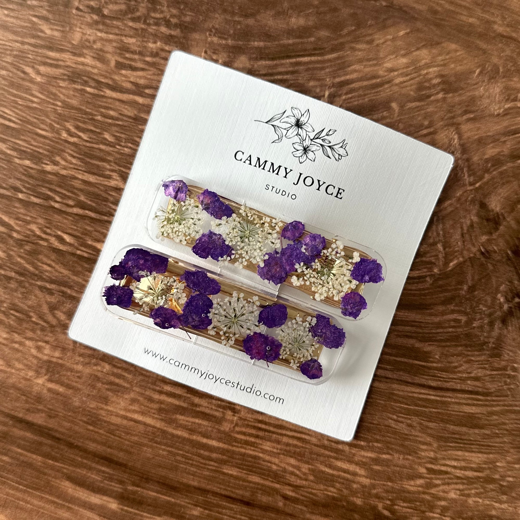 Handmade Resin Rectangle Barrette Set – Real Flower Hair Clips