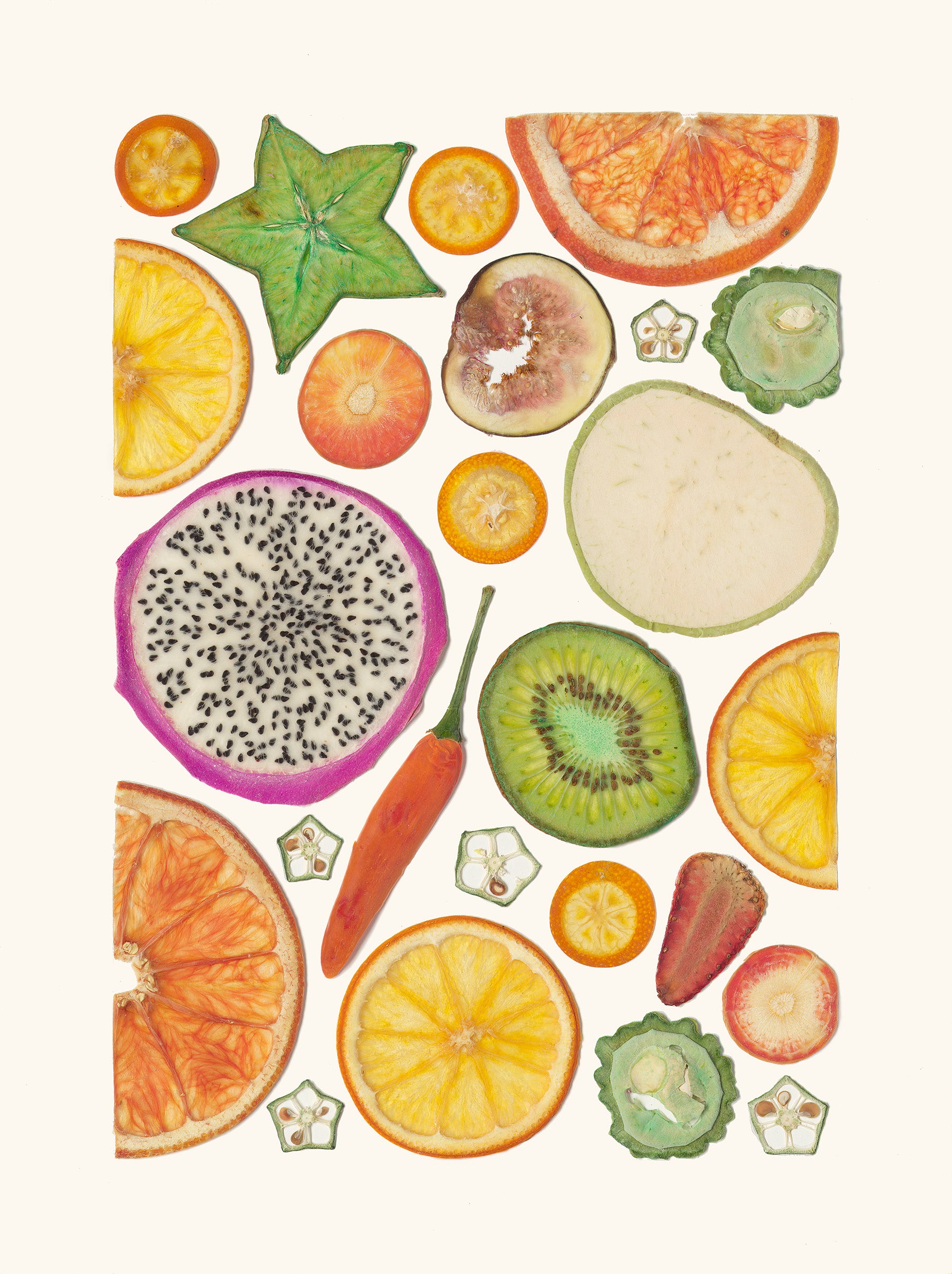 Pressed fruit and vegetable collage—citrus, dragon fruit, starfruit, okra, kiwi—arranged on a clean, light background.