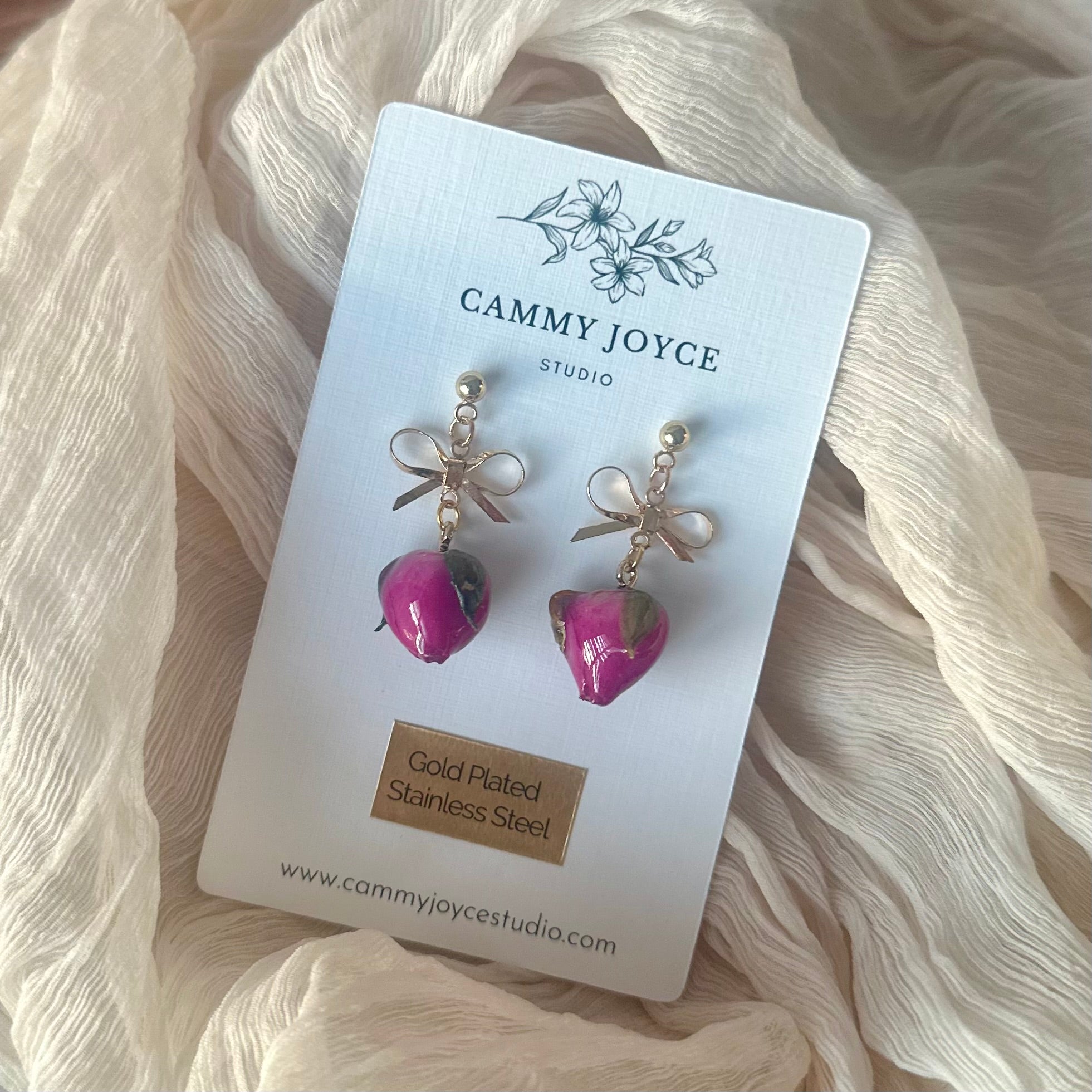 Bow Accent Rose Bud Earrings – Real Dried Roses with Gold Bow