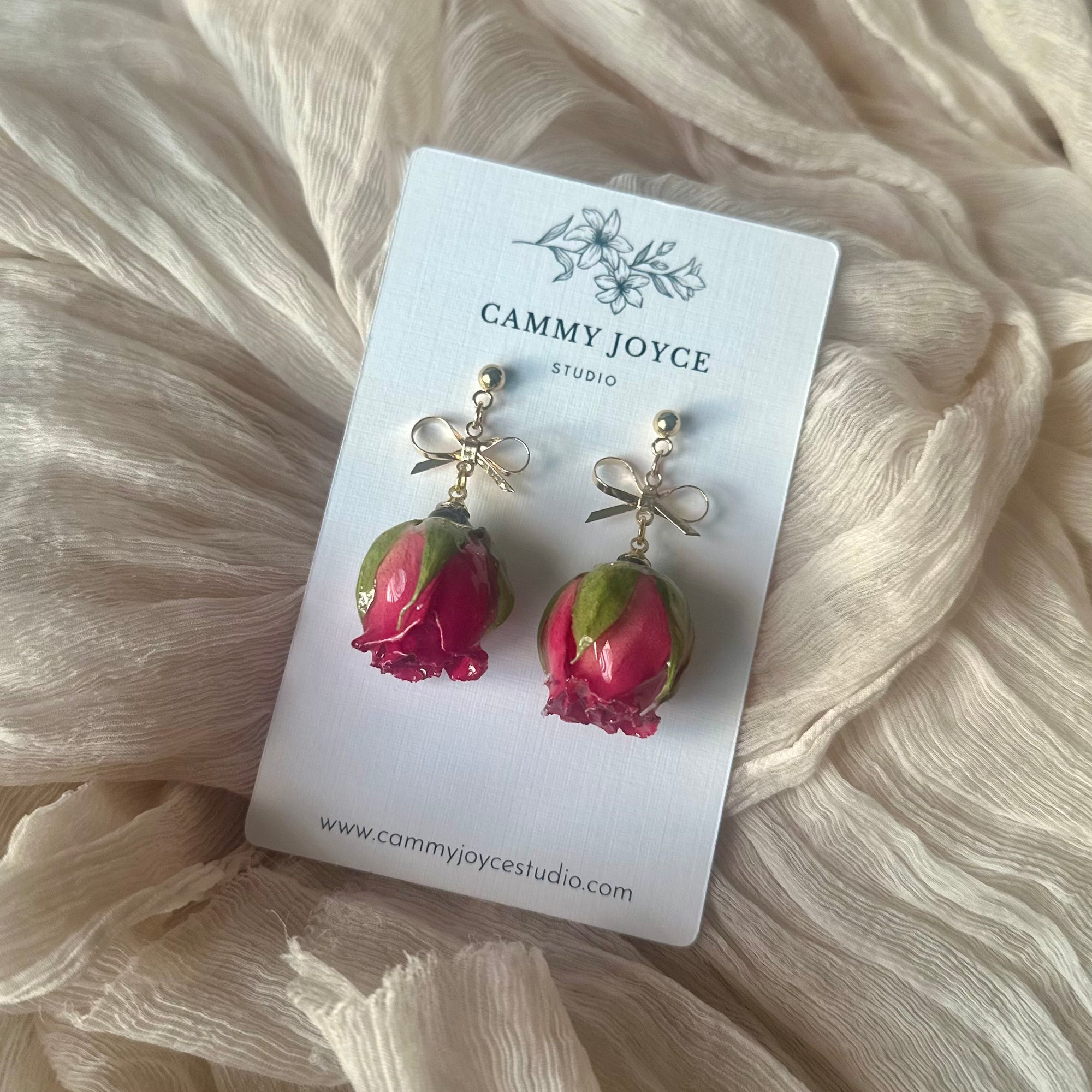 Bow Accent Rose Bud Earrings – Real Dried Roses with Gold Bow