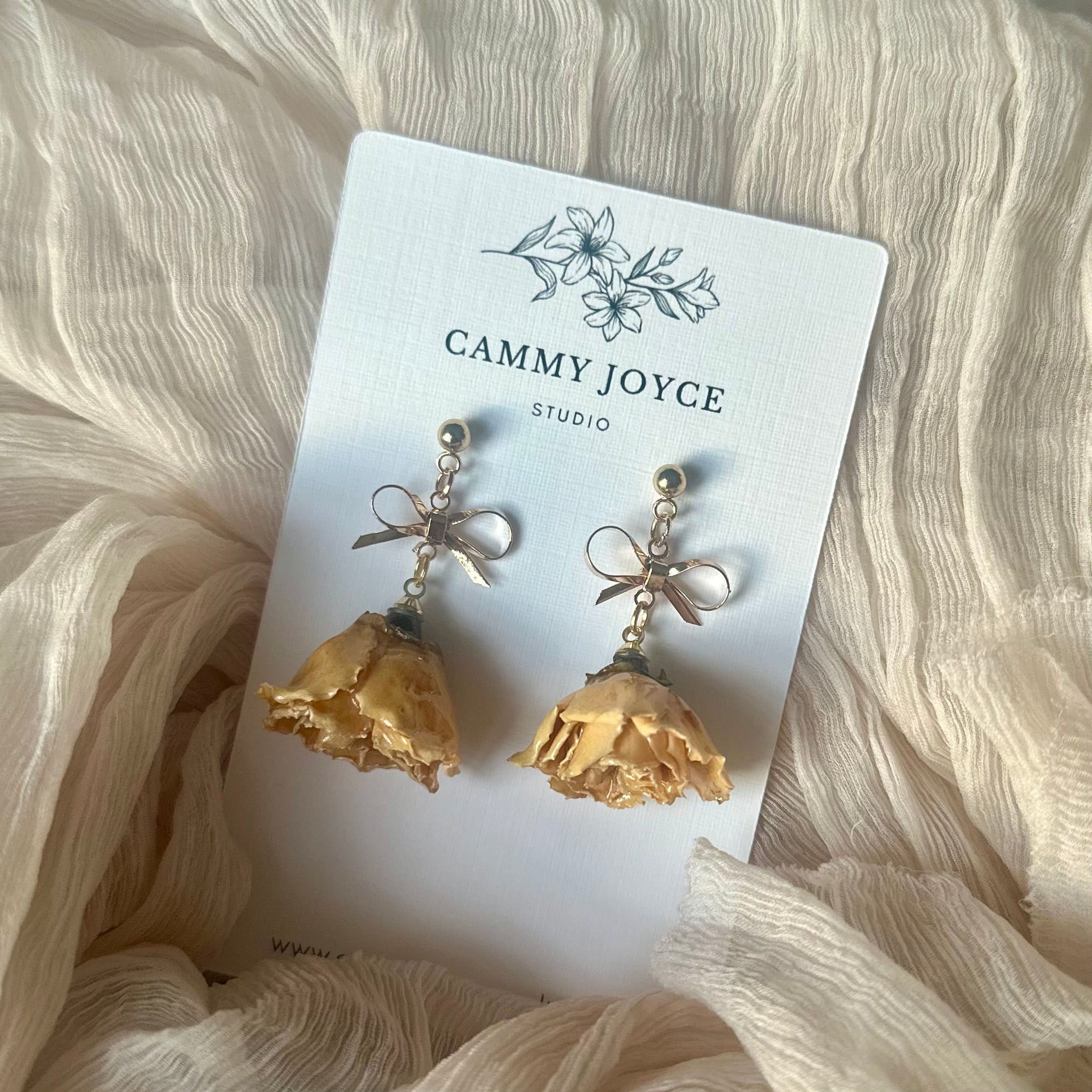 Bow Accent Rose Bud Earrings – Real Dried Roses with Gold Bow