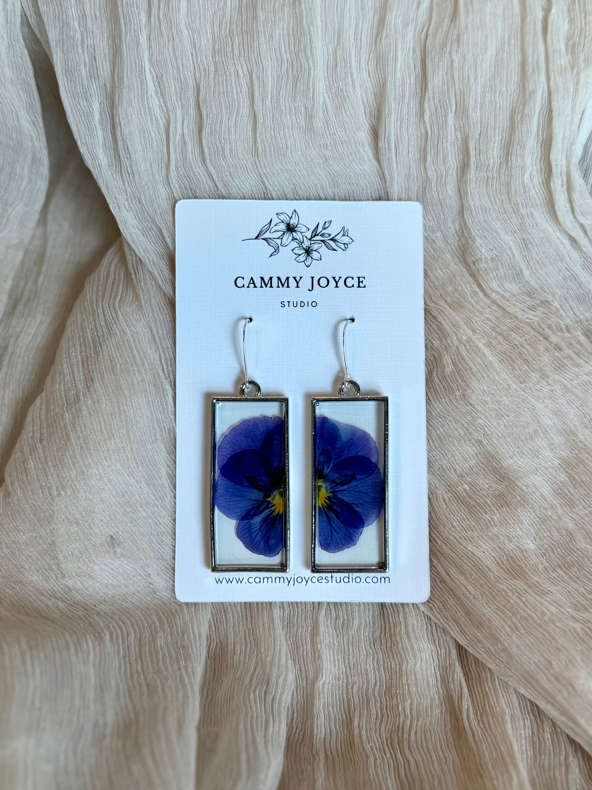Viola Pressed Flower Earrings – Silver Rectangle