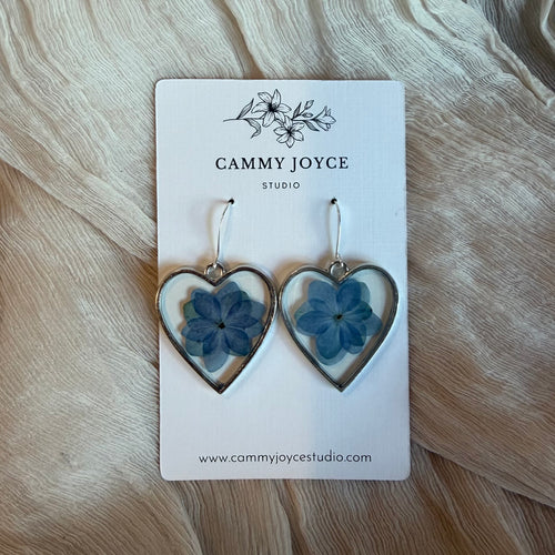 Blue Hydrangea Heart Drop Earrings – Silver Floral Resin Earrings