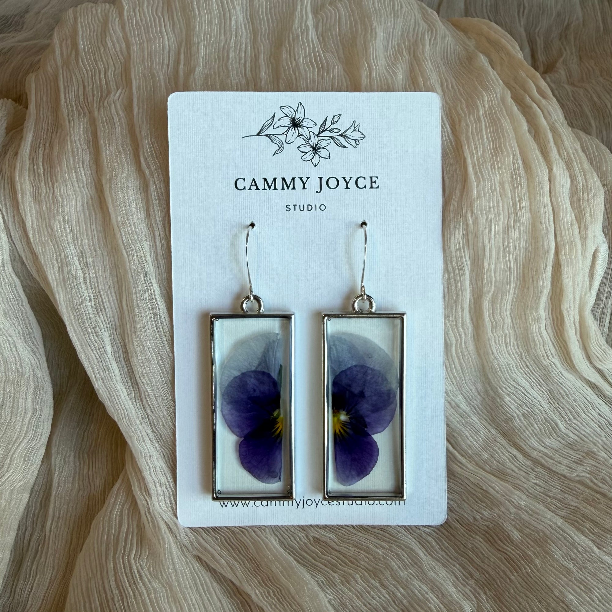 Viola Pressed Flower Earrings – Silver Rectangle