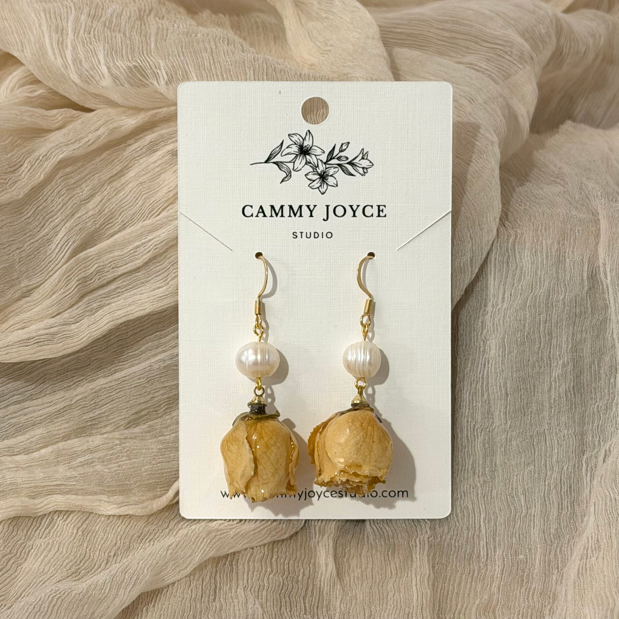 Dried Rosebud Earrings with Freshwater Pearl Accent