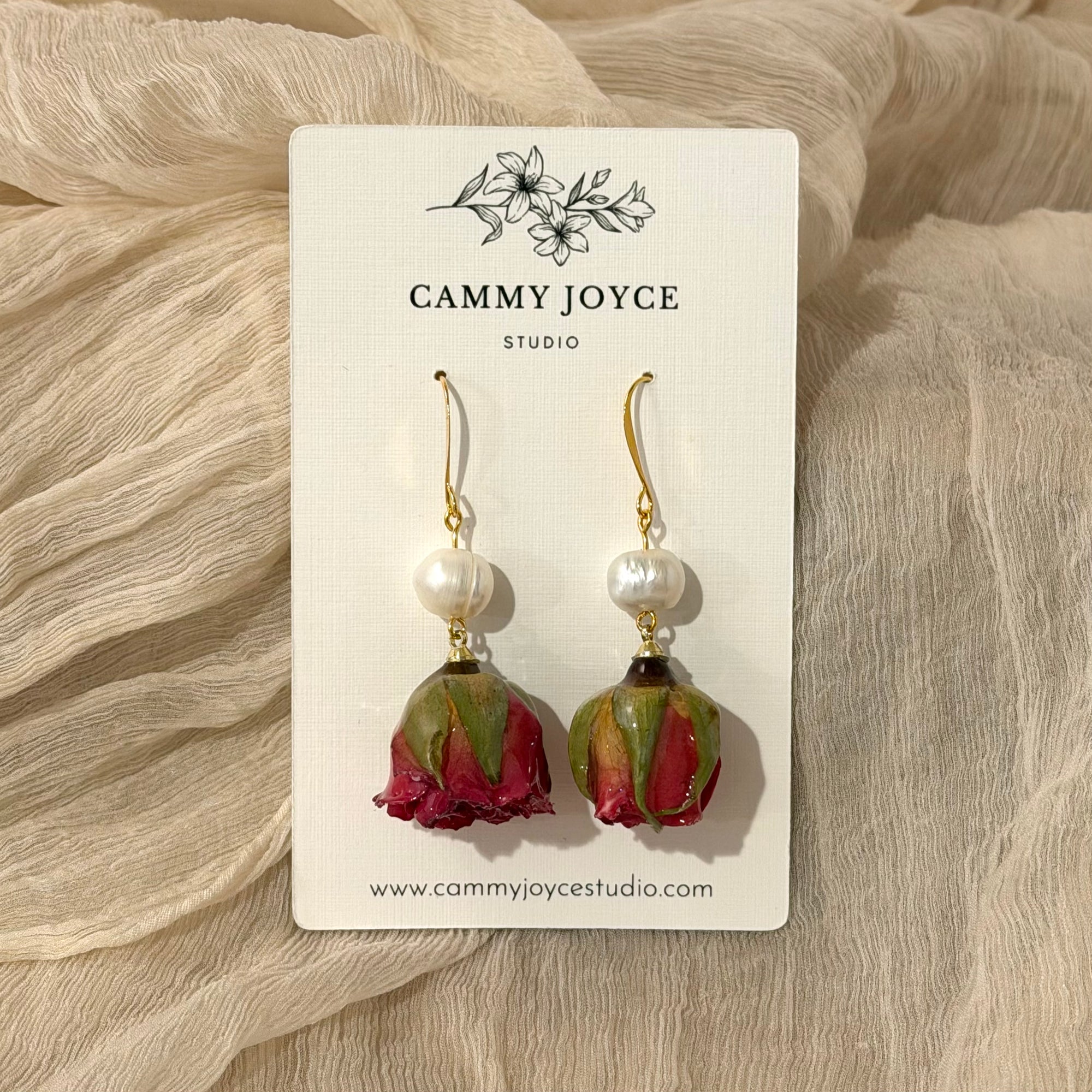 Dried Rosebud Earrings with Freshwater Pearl Accent