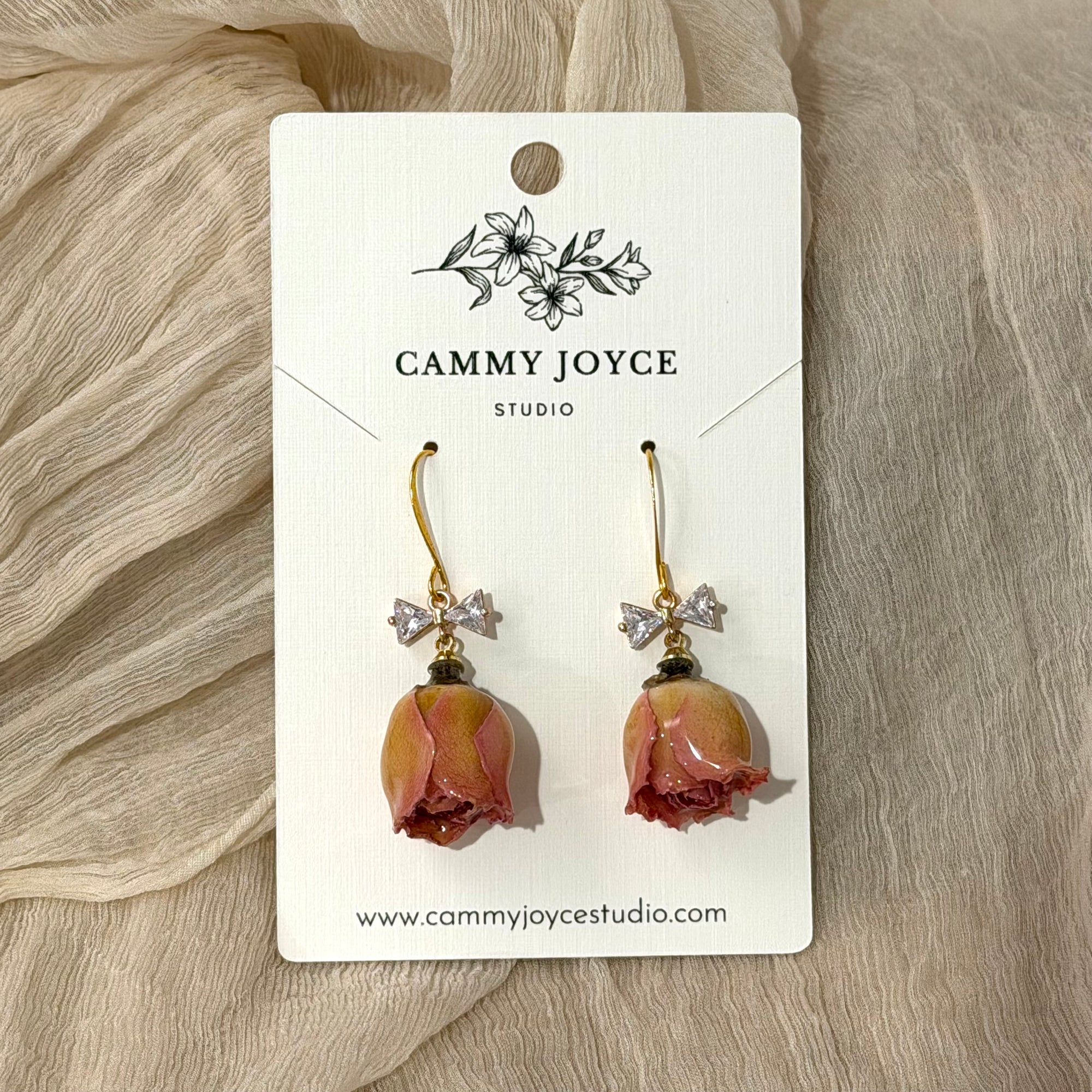 Real Rosebud Earrings with Cubic Zirconia Bows